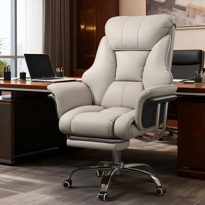 HDHNBA High Back Leather Executive Office Chair With Adjustable Recline And Retractable Footrest, White