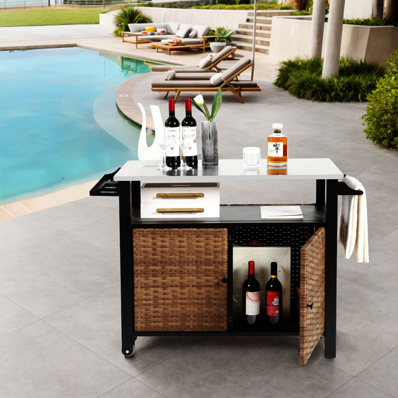 Outdoor Kitchen Wicker Island Rolling Cart & Storage Cabinet