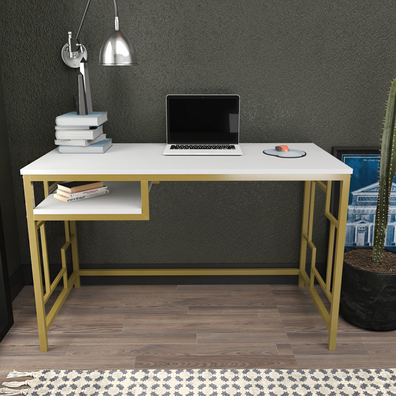 Richland Metal Base Writing Desk, White/Gold
