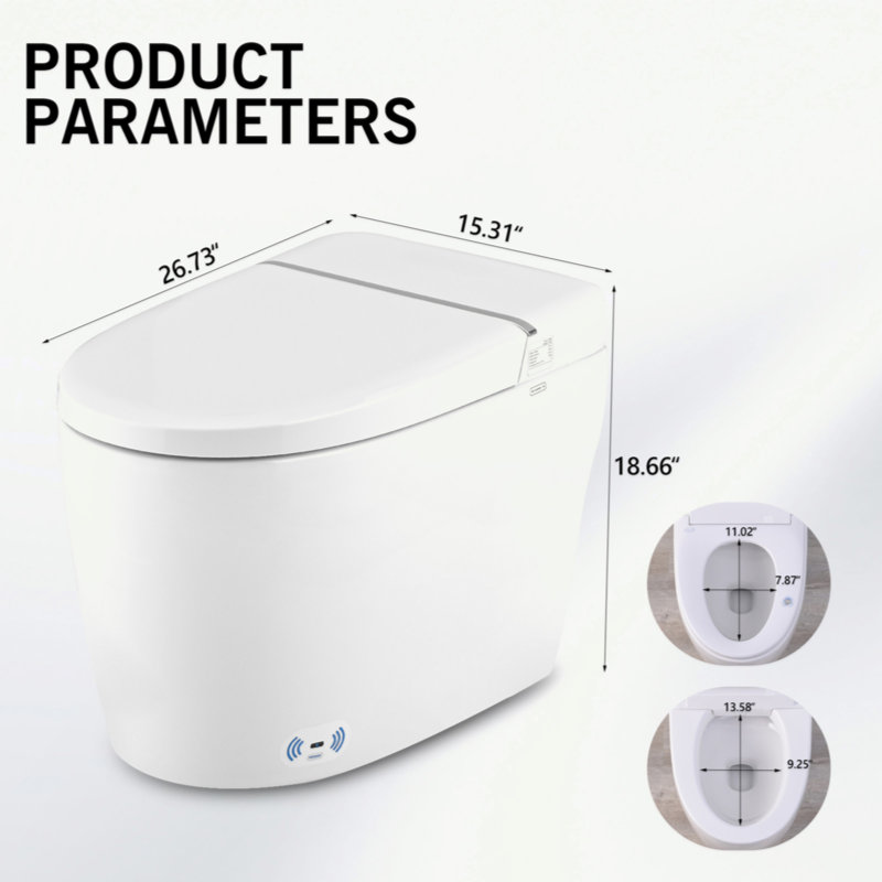 Combinaison de bidet de toilette intelligente avec couvercle / siège ouvert avec capteur de pied, buse autonettoyante, siège chauffant, veilleuse, commande à bouton, chasse d'eau en cas de panne de courant, fermeture en douceur, chasse automatique, ave