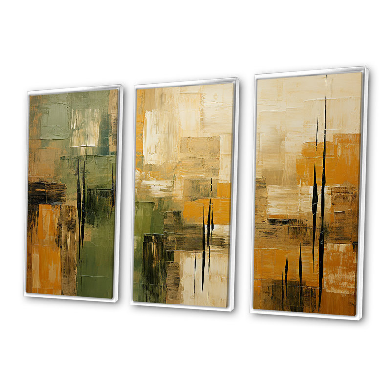 «Green Beige Wild Essence Collage I», art mural tachisme, H 32 po x l 48 po x P 1 po, Cadre flottant blanc
