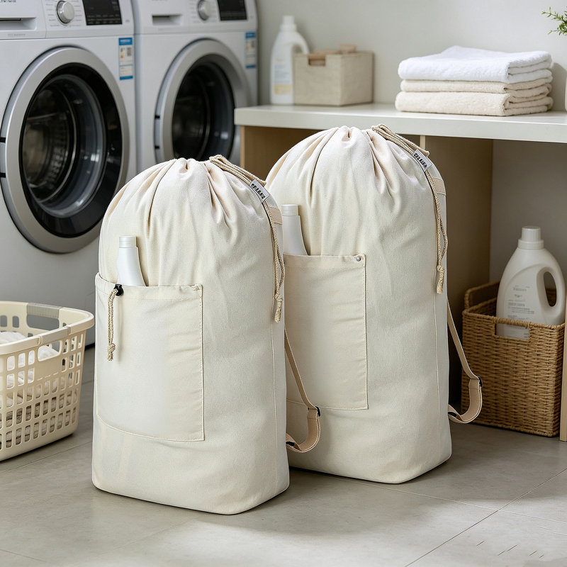 2 Pack Drawstring Canvas Laundry Bag Backpack for Dorm and Travel Laundry Storage