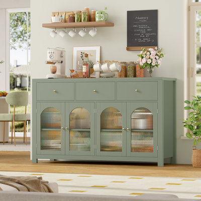 ☕ Bonnetta 55.1"W Modern Buffet Sideboard with Fluted Doors – Storage Cabinet with Drawers & Adjustable Shelves, Coffee Bar Console Table, Credenza for Living Room, Dining Room, Kitchen