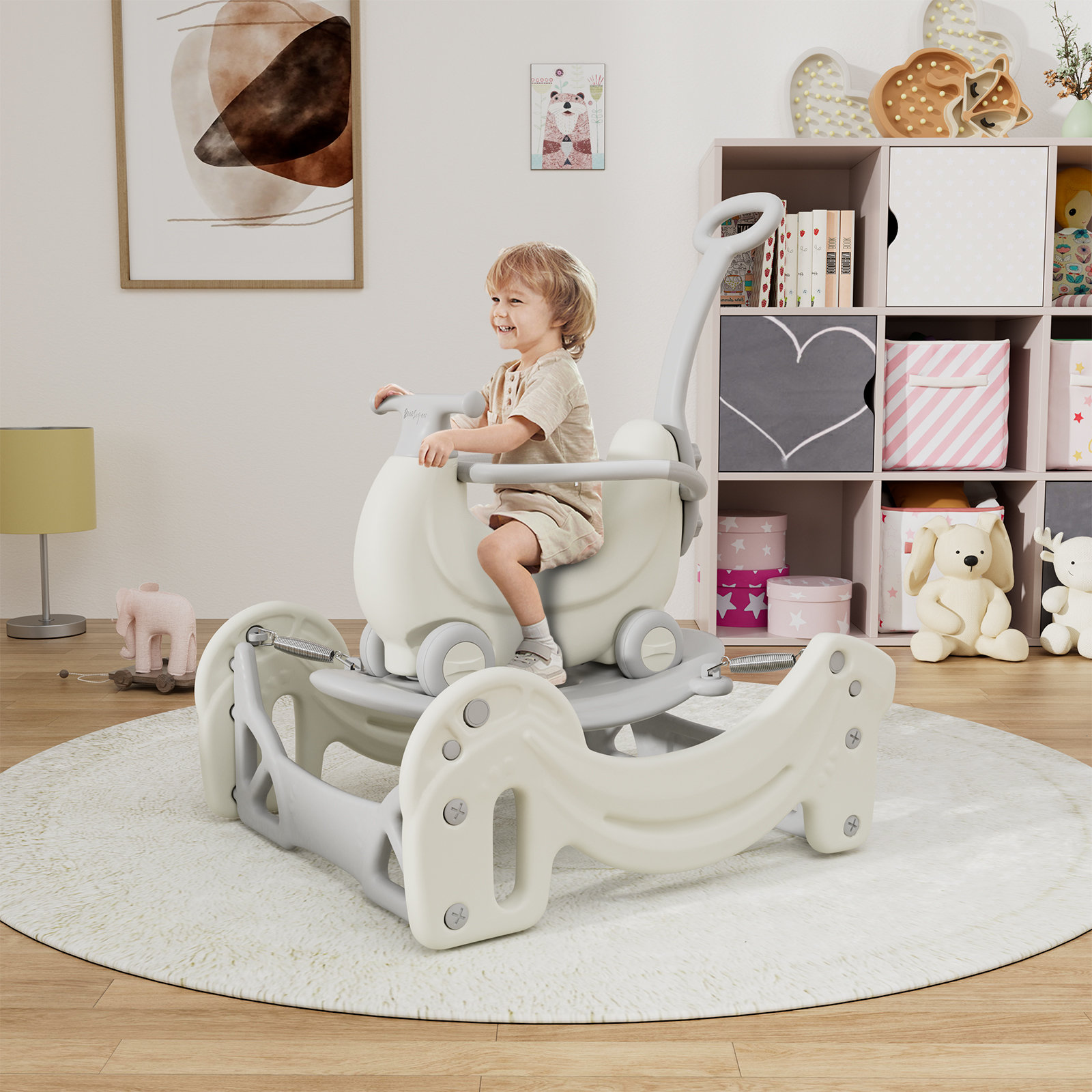 Baby on rocking store horse