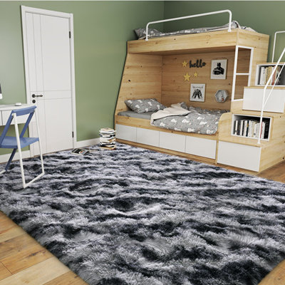 Tapis à poils longs noir et gris à poils longs ultra pelucheux pour salon, chambre, chevet, bureau, hôtel