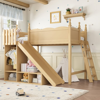Lit mezzanine double avec tablettes de rangement et garde-robe, lits mezzanine en bois massif avec glissières amovibles et échelles, aucune boîte à ressorts nécessaire, naturel