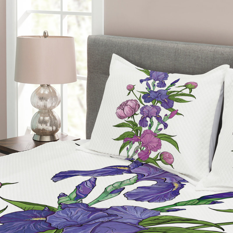 Abniel White/Purple/Green Microfibre  Bedspread Set, 220 x 264 cm