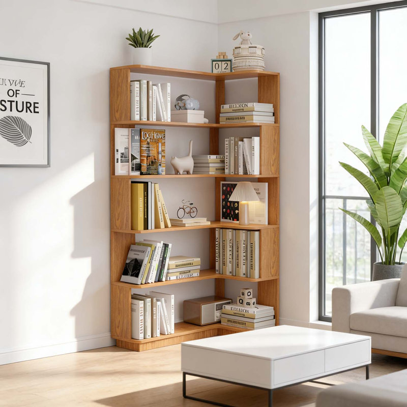 Freestanding Corner Bookshelf,Ideal for Space-Saving Storage and Display in Living Rooms,Bedrooms,and Home Offices, Dark Oak