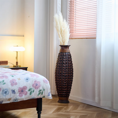Vase de plancher en bambou naturel tissé à la main, vase décoratif haut de 38,97 po Boho pour le vestibule du salon, vase rustique tissé à la ferme pour l'herbe de Pampa et les branches séchées