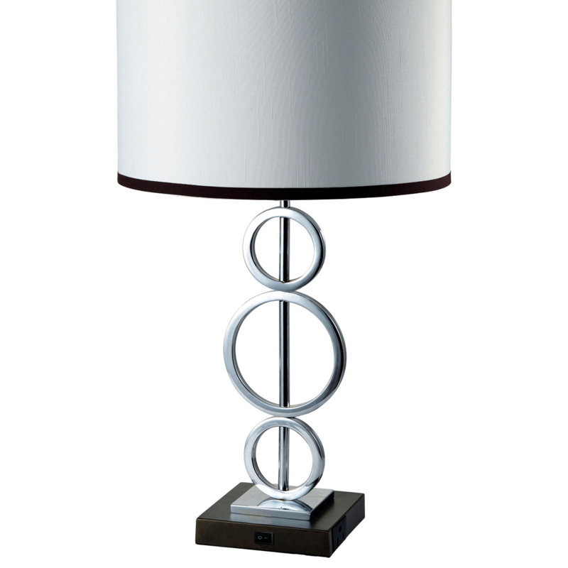 Lampe de table haute 29 po en métal avec finition argentée, style anneau, abat-jour rond blanc, Blanc