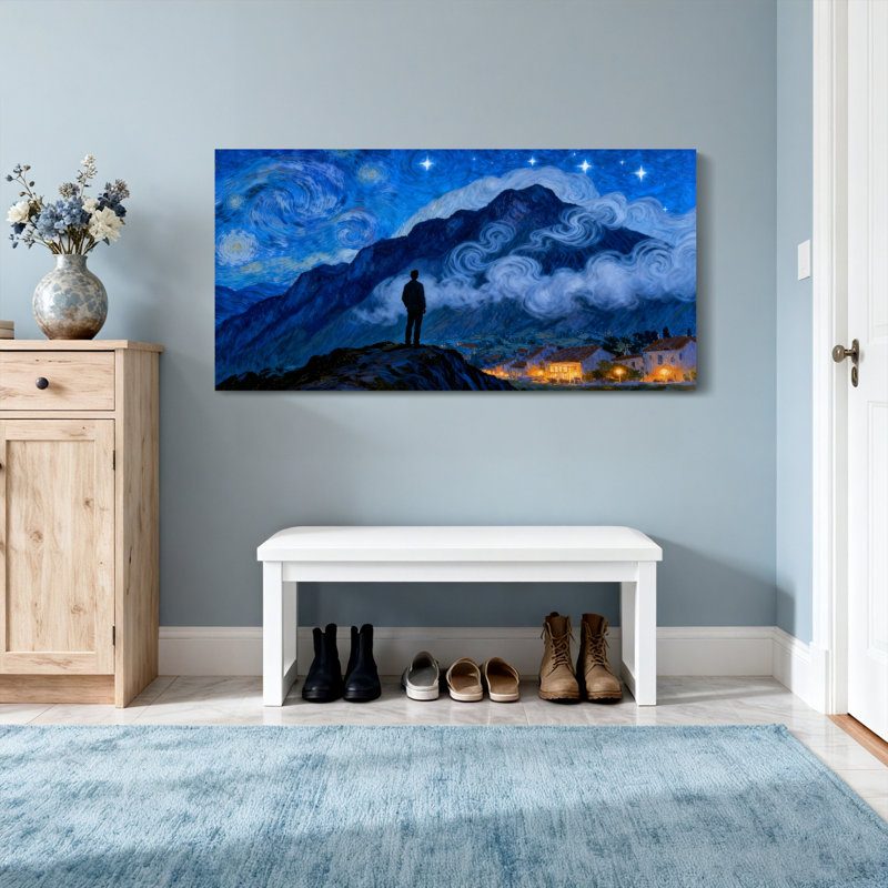 Paysage et nature nuit étoilée paysage de montagne silhouette ville, H 16 po x l 32 po
