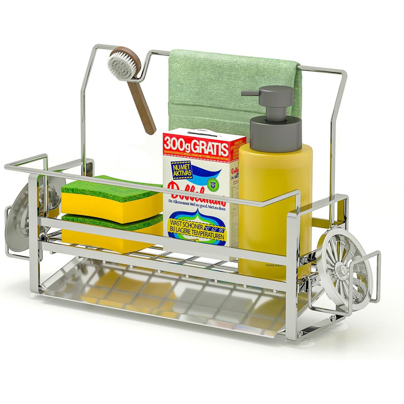 Porte-éponge en acier inoxydable pour évier de cuisine, organisateur de bac d'évier antirouille 304 avec drainage automatique, conception peu encombrante pour éponges, distributeur de savon, brosse et serviette (argent)