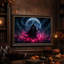 Personnage sombre encapuchonné tenant une faux sur toile rose lumineuse, art mural d'Halloween-1697110704