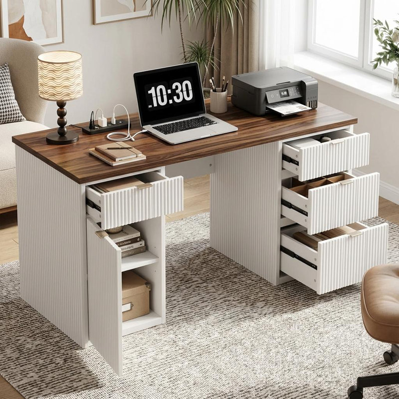 60" Fluted Home Office Desk with Charging Station, Modern Executive Computer Desk with File Cabinet, Brown/White