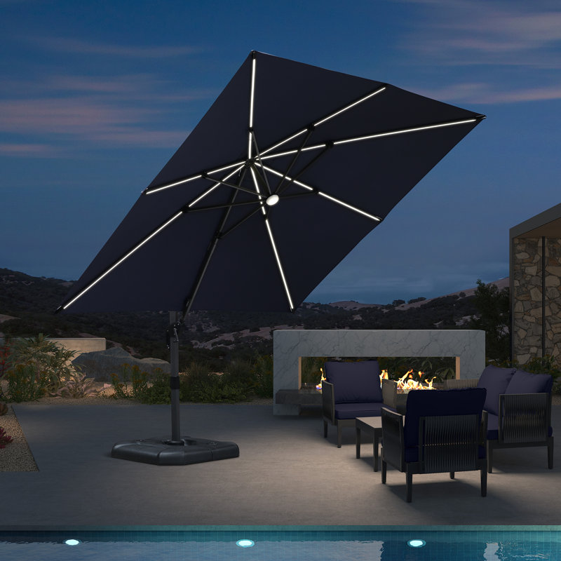 Parasol en porte-à-faux à DEL 120 po avec base et lumières DEL Rosezanna, Bleu marine