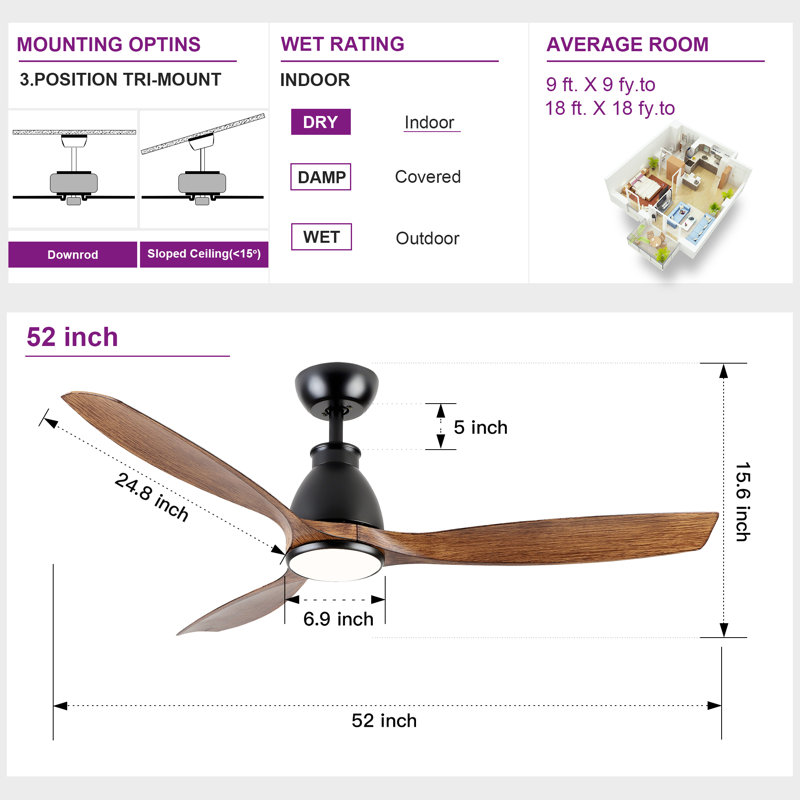 Farmhouse 52'' Distressed Wood Ceiling Fan with LED Lights, DC Motor and Remote Control, Dark Wood Grain