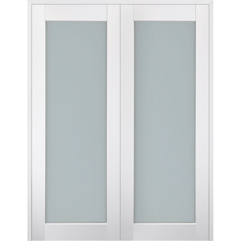Solid Pine and Frosted Glass Paneled French Door, 55.5" x 79.38"