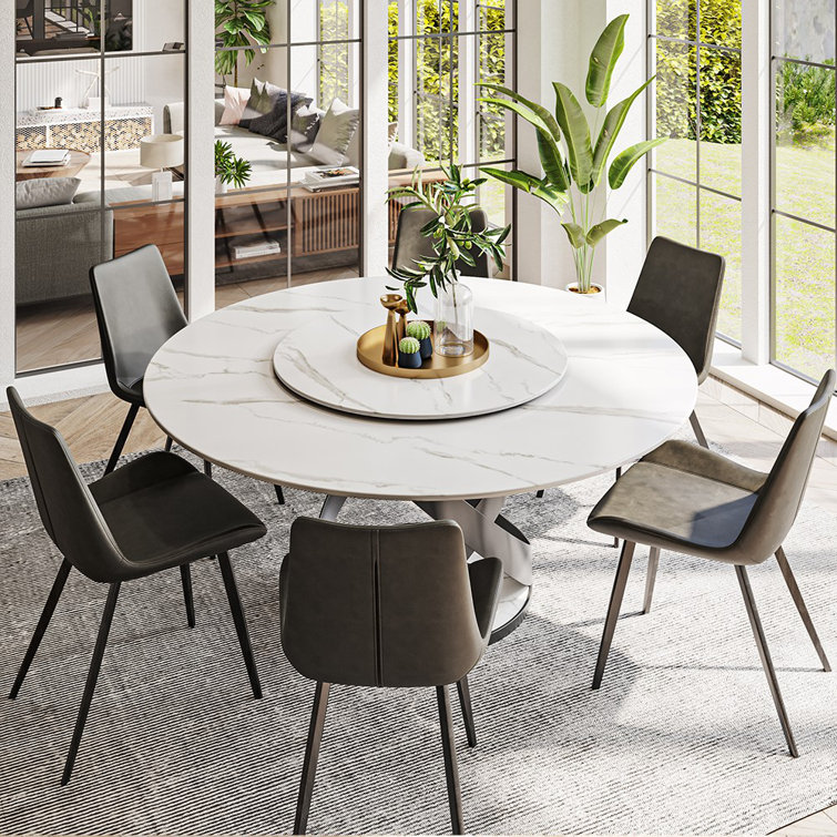 Dotsie Modern Round Dining Table for 6-8, Sintered Stone Tabletop with Lazy Susan, x Carbon Steel Base Orren Ellis Size: 59.05 L x 59.05 W