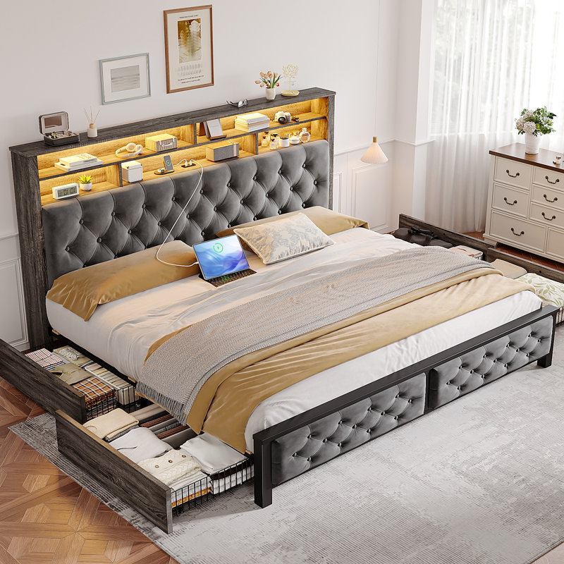  Upholstered Bed with Wood Frame, 4 Storage Drawers, Modern Bed Frame with Charging Station & LED Lights, Headboard Included,King/Gray
