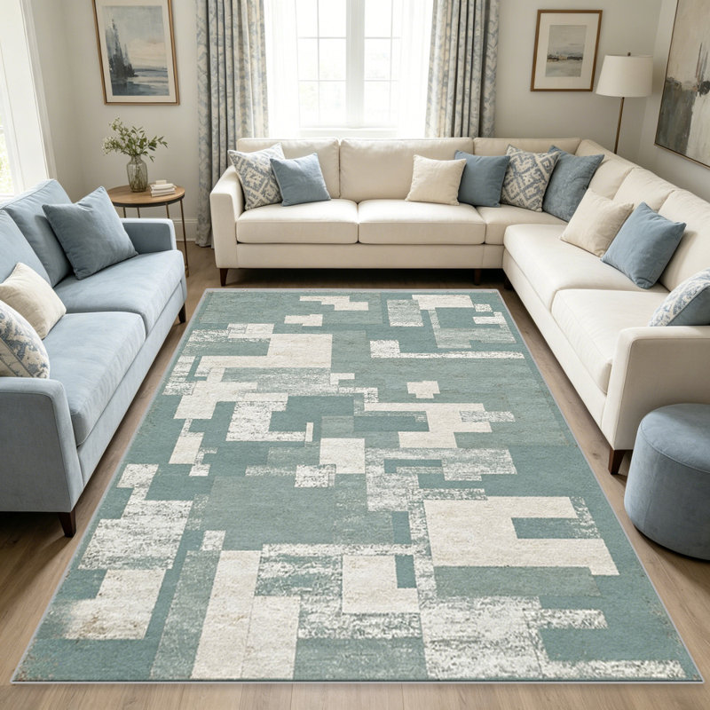 Teal Abstract Blocks carpet-easy to clean, machine-washable, soft and comfortable; suitable for door mats, kitchens, living rooms, bedrooms, corridors, and laundry areas. Easy to clean, durable carpet for home decoration.