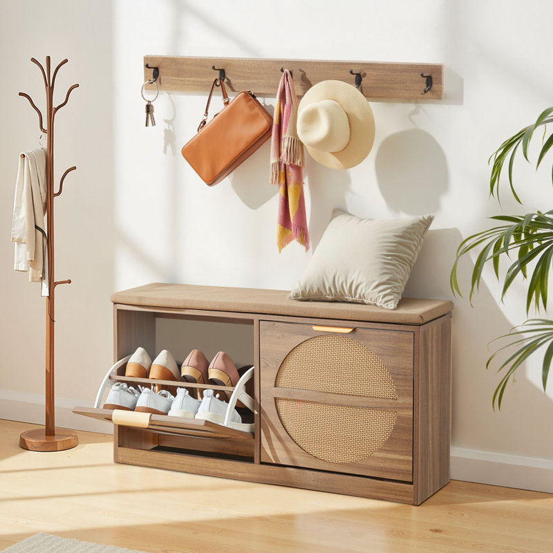 Entryway Shoe Storage Bench 38.9x9.4x19.7 Inch Rattan-Like Rack with Flip Drawer