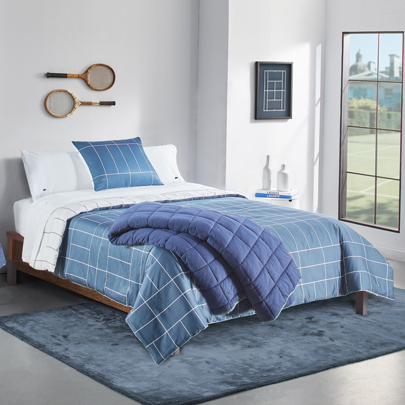 Lacoste Ashcombe Check Cotton Twin 2-Piece Blue Comforter Set, Twin Comforter + 1 Sham, Blue/Ashcombe
