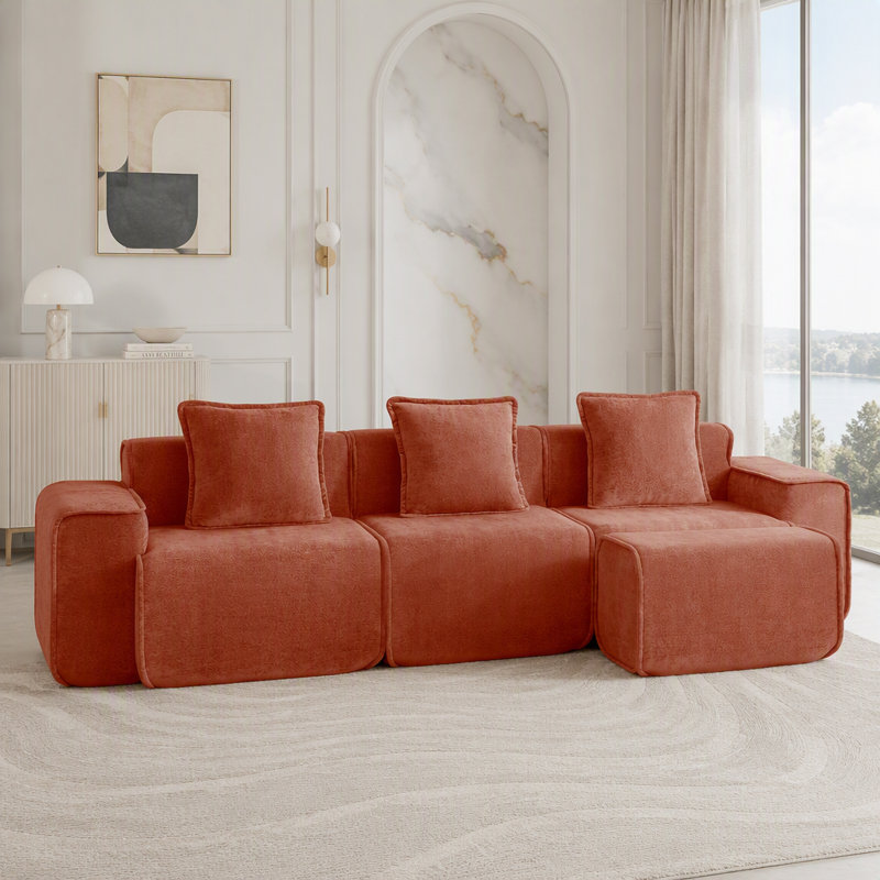 Canapé 3 pièces en forme de L avec repose-pieds et sans assemblage, 3-Seater & 1-Ottoman, Rouge