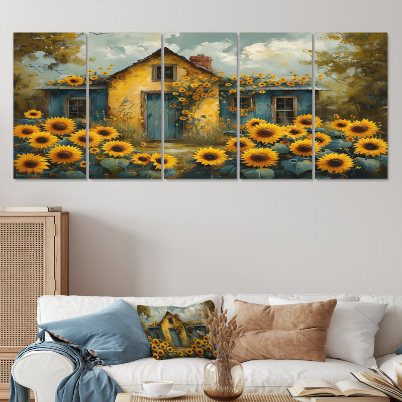 Jaune jaune brun champ de tournesols à la grange - ensemble d'art mural tournesols, H 32 po x l 80 po