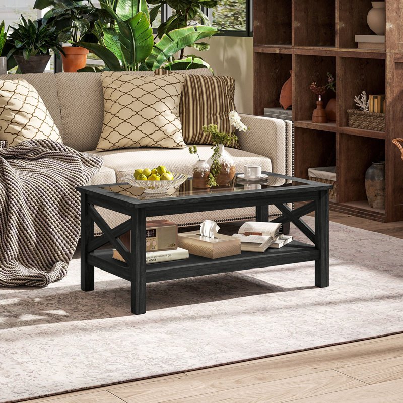 Table basse en verre, table de centre de ferme moderne avec rangement, table d'appoint pour le salon avec côtés de style X-Bar classique, noir
