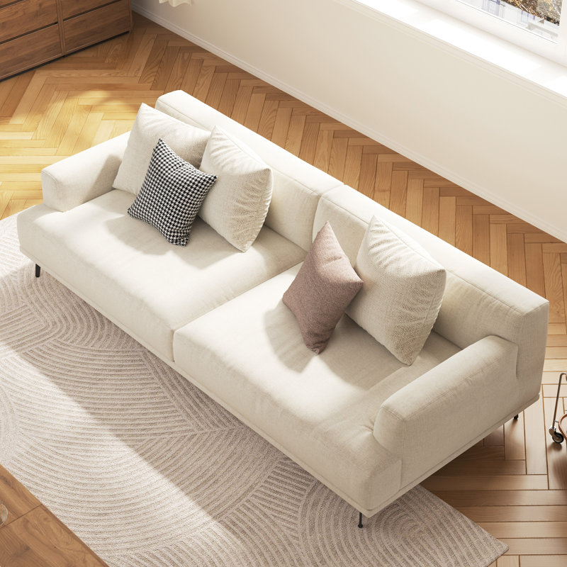 Canapé 82,6 po 3 places moderne avec 3 coussins moelleux et 2 coussins décoratifs, accoudoirs encastrés, beige