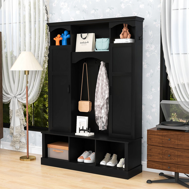Multi-Functional Hall Tree With Adjustable Shelves, 7 Hooks and Side Cabinets, Black
