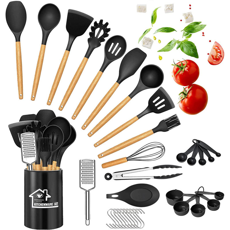 Cooking Utensils Set,Raincol Kitchen Utensils Spatula Set With Holder,Wooden Handles,Non-Stick,Grater For Cookware, Black