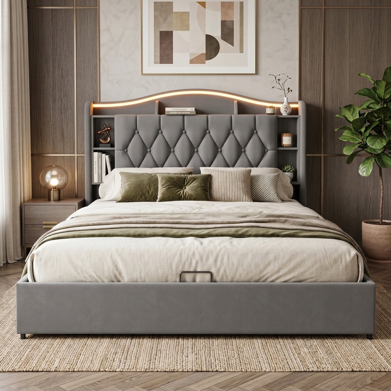 EU Double & King Velvet Ottoman Bed with Smart LED & Wireless Charging, Storage Headboard, 140/160x200cm in Grey/Beige, Grey