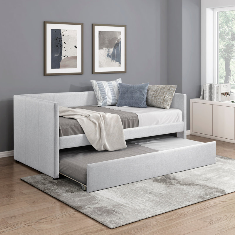 Upholstery Wooden Frame Daybed with Trundle, Gray
