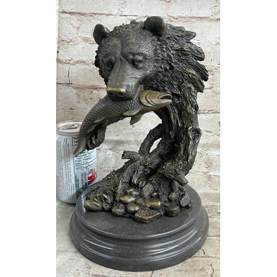 Bear Catching Salmon Bronze Metal Bust Statue Sculpture Original Art On Marble Base