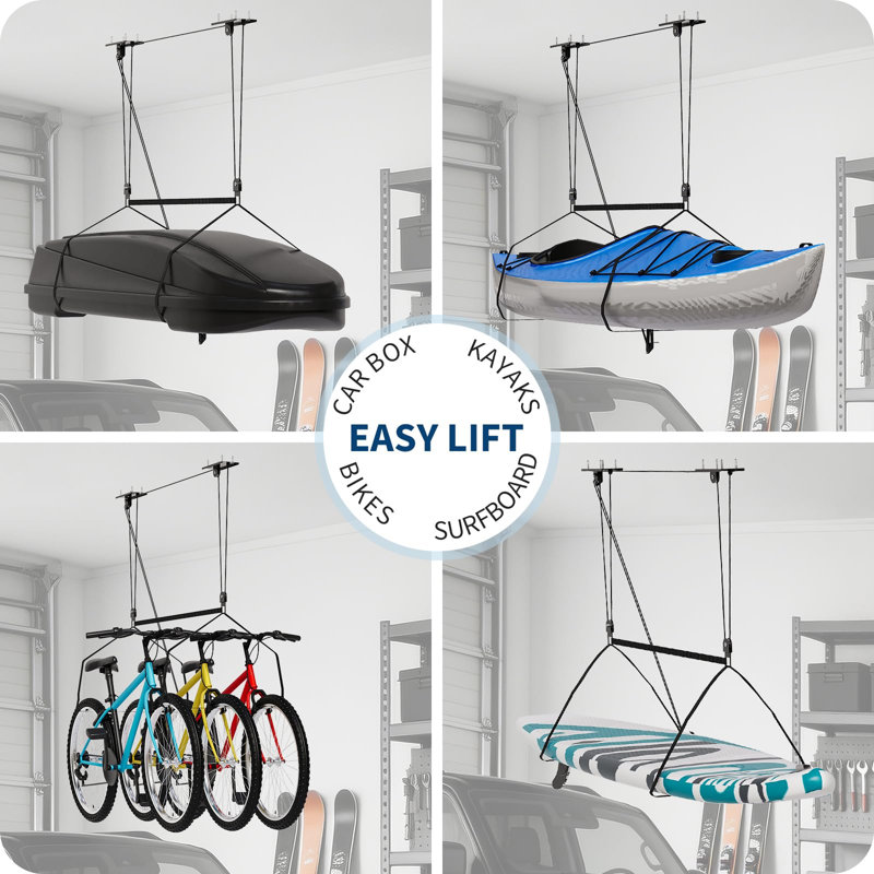 Système de poulie de garage robuste pour garage, ensemble de levage pour plafonds de 8 à 10 pieds, capacité de 150 lb avec double conception à point fixe, sangles de levage réglables, supports de rangement idéaux pour le plafond