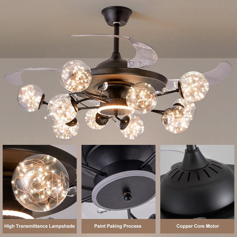 Modern 10-Light Chandelier with Fan Black Fandelier with Remote for Living