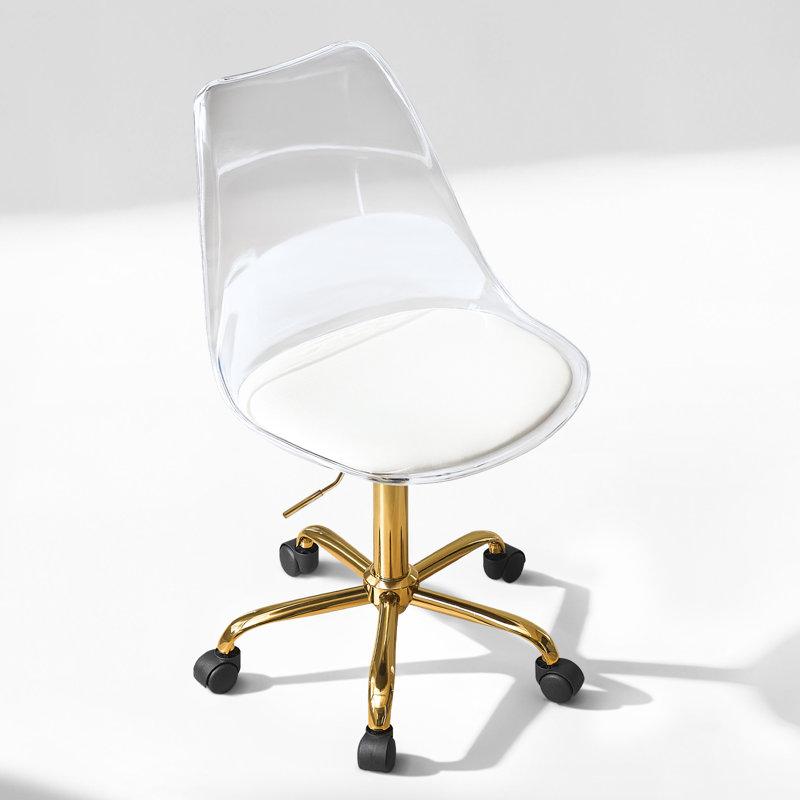 Fauteuil de bureau transparent en acrylique transparent, petit fauteuil de bureau moderne en acrylique avec roulettes, fauteuil roulant pivotant sans accoudoir pour bureau, maison, doré