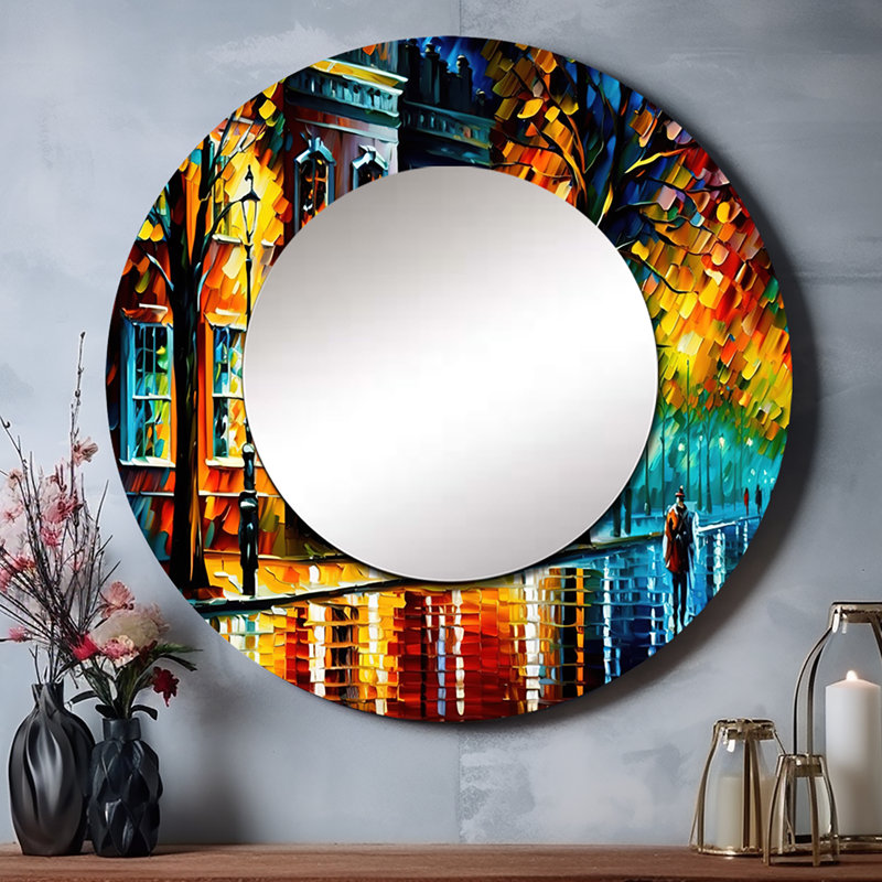 Omeir Colorful Montreal City III - Montreal Large Mirror, Traditional Round Decorative Wall Mirror, Printed Metal Art