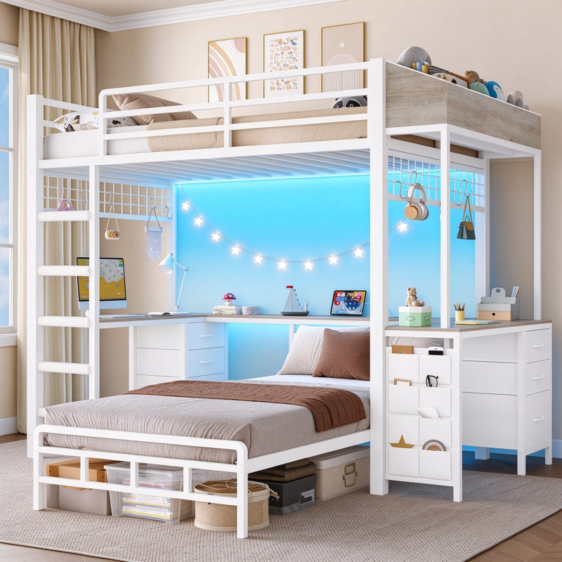 Bunk Bed with 2 Desk and 6 Storage Drawers & 2 Toy storage boxes, LED Metal Twin Captain Bed Small Bedroom Maximize space utilization for 2 Kids