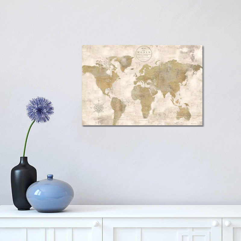 Rustic World Map Cream No Words by Marie Elaine Cusson - Wrapped Canvas Print, 30.48 cm H x 45.72 cm W