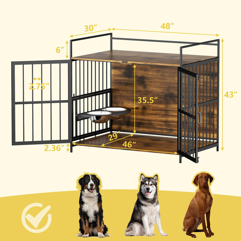 Grande cage à chien et table de bout en bois avec mangeoire pour animaux à hauteur réglable et bols