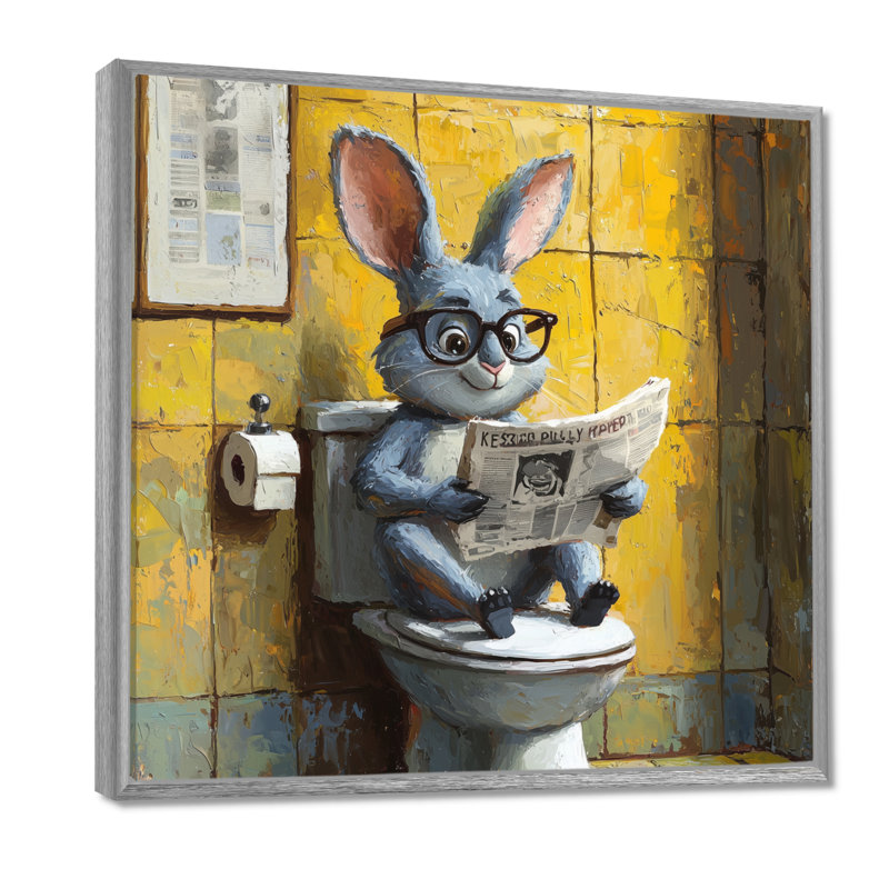 Ketterer lapin avec des lunettes dans la toilette I - lapin, art mural, Impression encadrée flottante, Argent argent