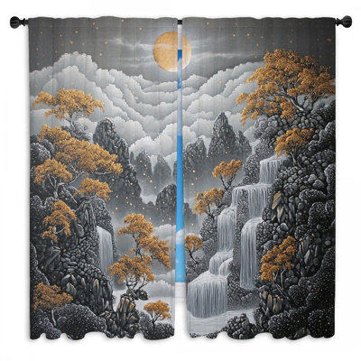 Moonlit Waterfall Window Curtains  Landscape Baroque Drapes - 2 Panels
