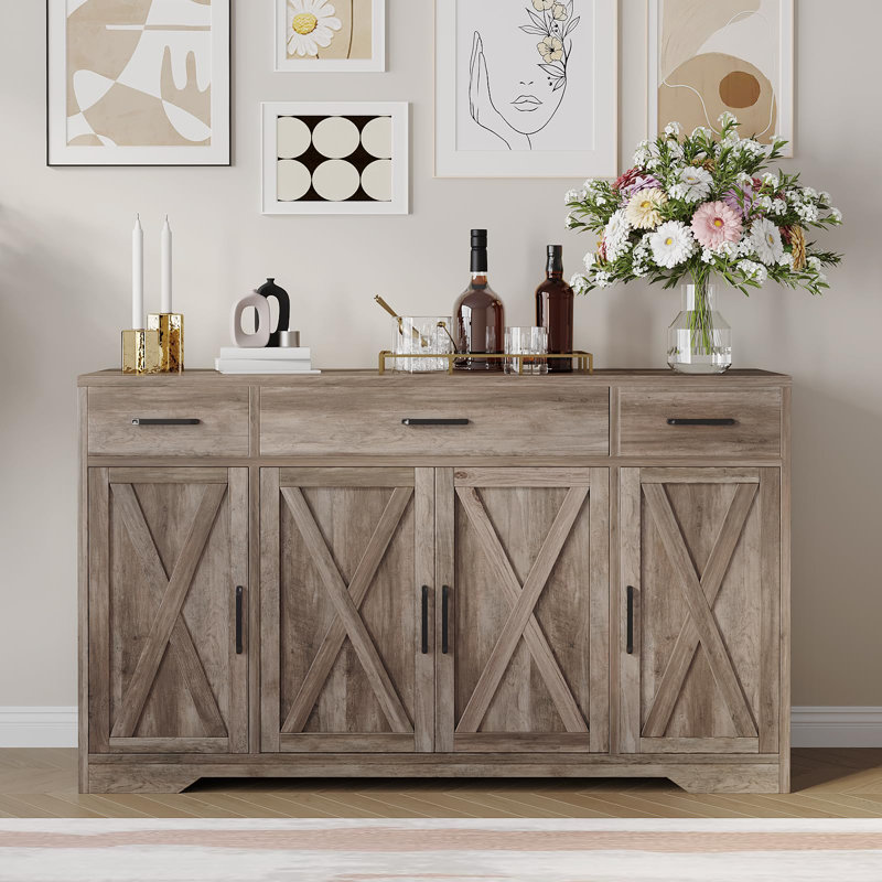 Buffet contemporain de 55 po à 4 portes, 3 tiroirs et tablettes réglables - Rangement polyvalent pour la cuisine, la salle à manger, le salon et le café - gris