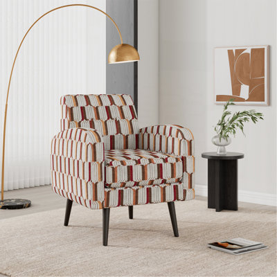 Chaise avec accoudoirs décorative à rayures brun clair, crème et rouge avec pieds en bois massif brun foncé