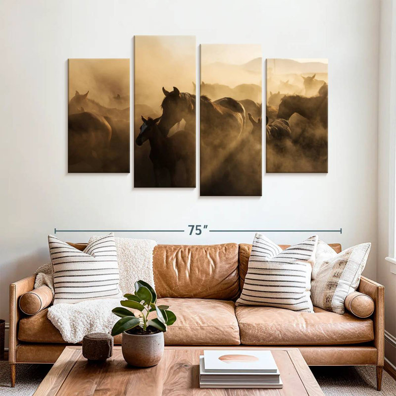 Brampt, chevaux sauvages au coucher du soleil, H 42 po x l 68 po