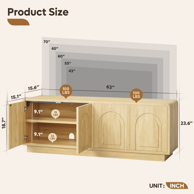 63" Modern TV Stand for TVs up to 70", Media Console with Arched Doors & Adjustable Shelves, Push-to-Open Entertainment Center with Cable Management
