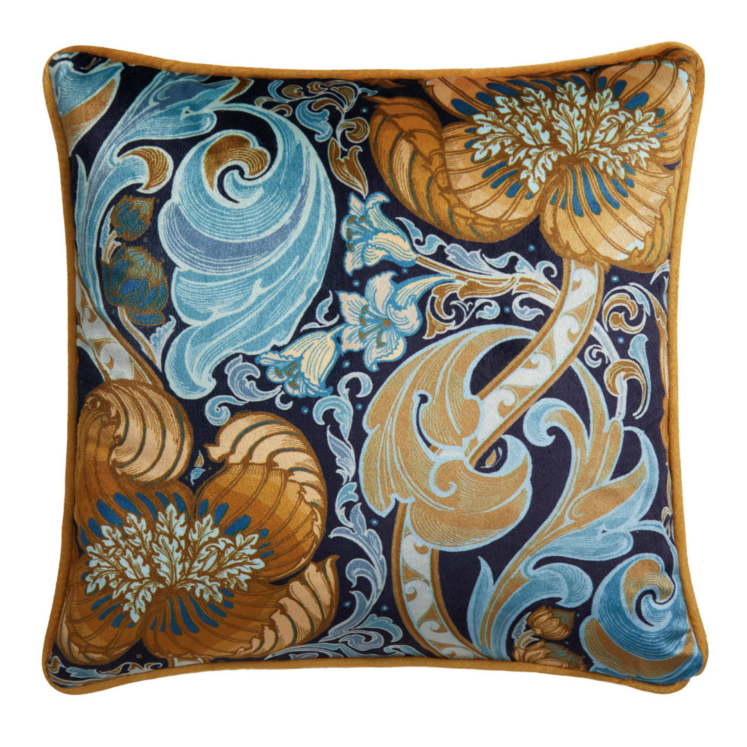 House Llewelyn - Bowen Ochre/Blue Laurence Llewelyn-Bowen Velvet Cushion – & Navy Damask Floral Design, 43X43cm – Reversible With Piped Edge – Filled Decorative Cushion – Down The Dilly Collection - Image 3