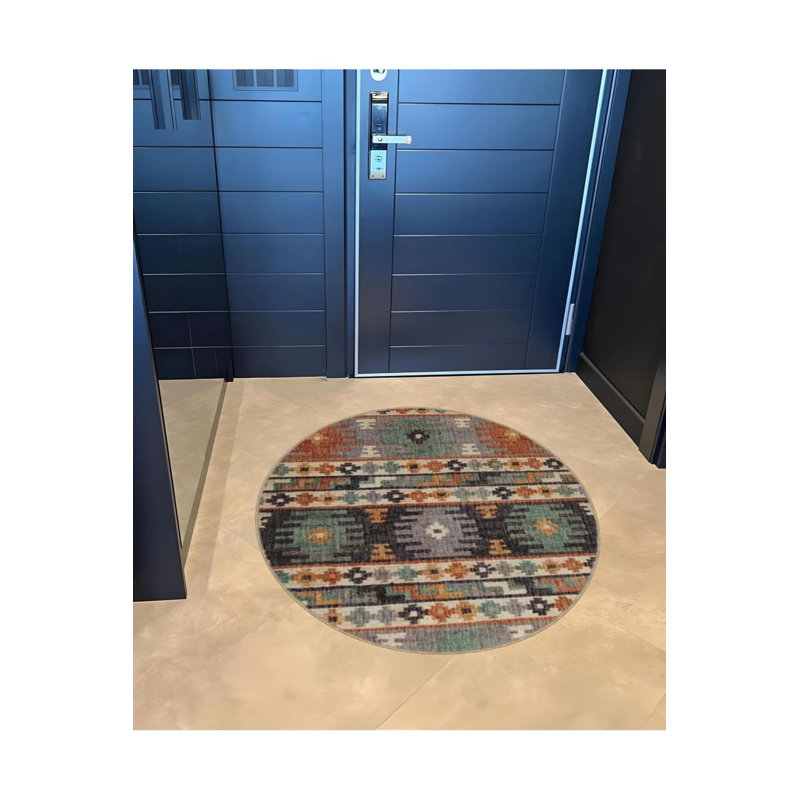 Multicolored Ethnic Motif Traditional Patterned Round Woven Base Vintage Decorative Carpet, Round 3'4"